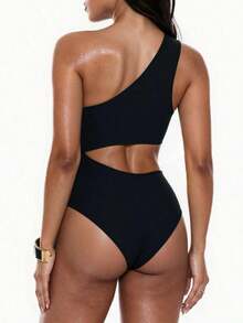 Swim 1 pieza Traje de baño de una pieza para mujer con diseño calado y fruncido en color liso - Negro - Ver 2