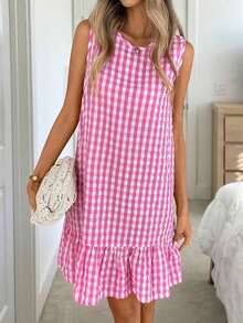 Vestido de verano estilo bohemio con cuello redondo sin mangas y corte evasé a dos colores a cuadros, vestido esencial para vacaciones y uso diario al aire libre - Rosa - Ver 5