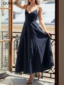 Vestido midi elegante de mujer con cuello en V, vestido de tirantes de mezcla de lino con corte evasé y espalda descubierta, adecuado para vacaciones, playa, boda, fiesta de cóctel - Azul marino - Ver 3