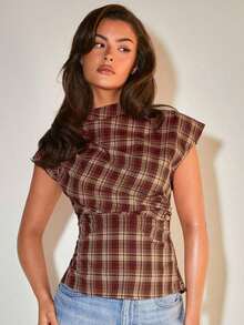 Blusa plisada con cuello para mujer, elegante para la oficina, artículo de moda versátil, adecuado para el trabajo, salidas casuales, fiestas, con estampado de cuadros marrones - Burdeos - Ver 1