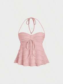 Tops halter con cordón en el busto de color sólido, estilo Y2K para mujeres - Rosa - Ver 1