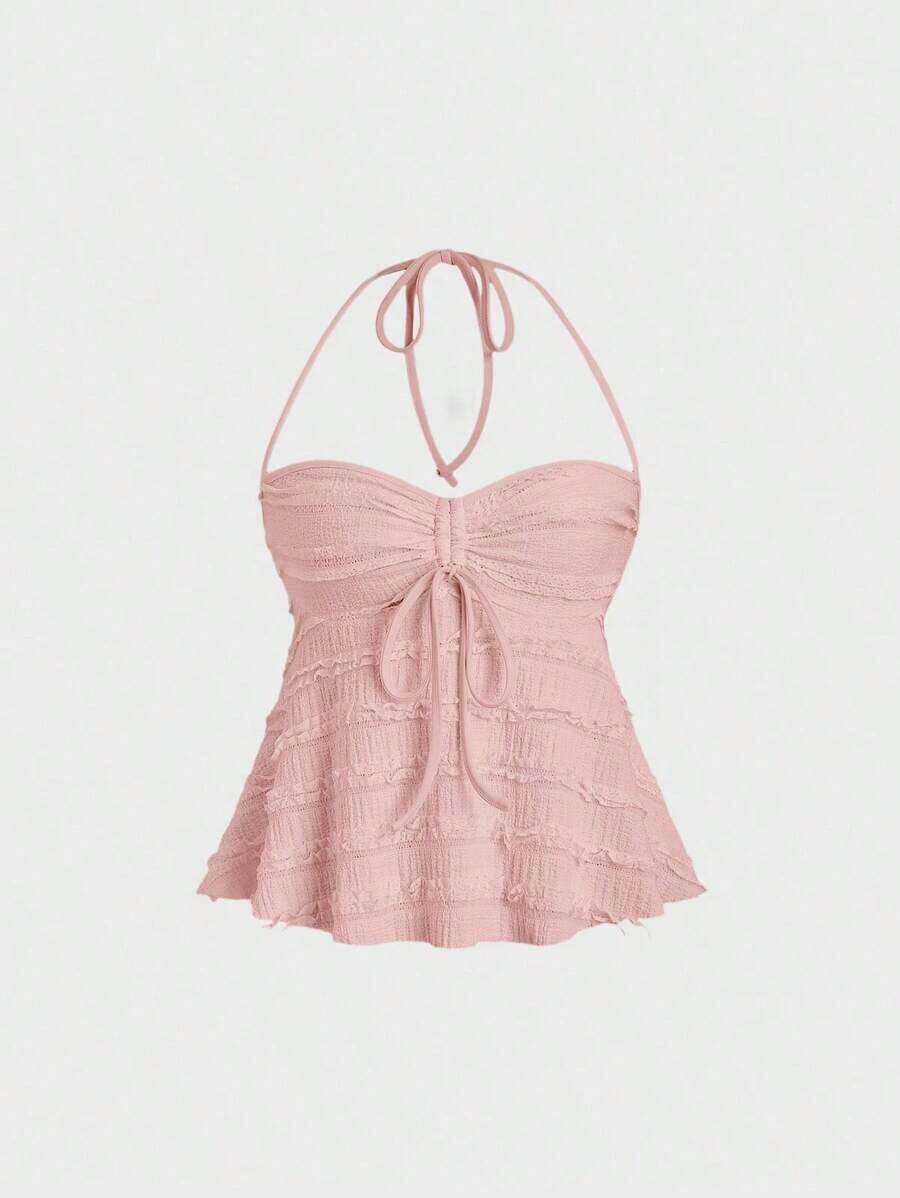 Tops halter con cordón en el busto de color sólido, estilo Y2K para mujeres - Rosa - Ver 1