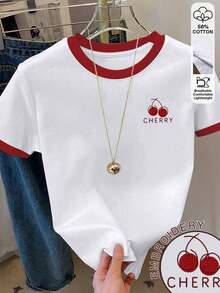 Camiseta de mujer de manga corta con cuello redondo y estampado de bloques de color - Blanco 6 - Ver 7