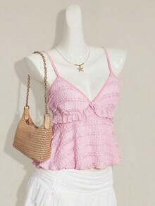 Blusa de tirantes de mujer con volantes de tela texturizada de unicolor para el verano y vacaciones - Rosa Pálido - Ver 6
