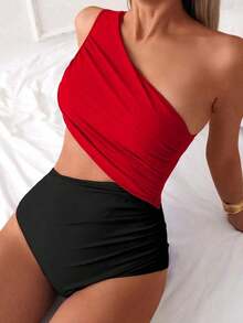 Swim 1 pieza Traje de baño de una pieza para mujer con diseño calado y fruncido en color liso - Multicolor 2 - Ver 3