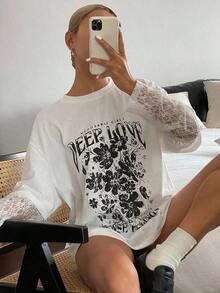 Loose And Casual Summer T-Shirt With Letter Print And Contrasting Lace, Oversized Graphic T-Shirt With Floral Print - Vintage Street Style Unisex Loose Cotton Short Sleeve Crew Neck T-Shirt. Blouses For Women. Casual Blouses For Ladies. - 白色的 - 查看 7