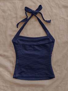 Parte superior corta ajustada con cuello de halter casual para vacaciones de mujer, verano de mujer, sin espalda, ropa de vacaciones de mujer, lunares, primavera de mujer, verano, parte superior para salir de mujer, vacaciones de mujer - Azul marino - Ver 2