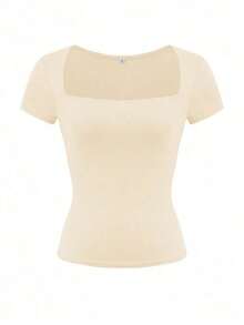 Camiseta de manga corta con cuello cuadrado de punto de unicolor, ajustada y sexy, estilo Y2K, para mujer Vaiaye, adecuada para actividades de primavera/verano y el Día de San Valentín - Albaricoque - Ver 3