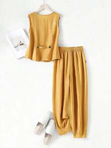 Conjunto de blazer, chaleco y pantalones de lino casual para mujer, color rosa para primavera/verano - Amarillo Mostaza - Ver 2