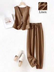 Conjunto de blazer, chaleco y pantalones de lino casual para mujer, color rosa para primavera/verano - Marrón - Ver 7