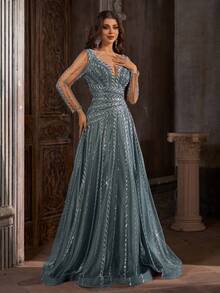 Women's V-Neck Long Sleeve A-Line Dress With Mesh, Sequins And Embroidery, Suitable For Parties Wedding - Lake Blue - View 5