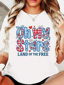 Camiseta de Mujer "Oh My Stars Land Of The Free" con Diseño Patriótico Floral y de Bandera para Celebración del Día de la Independencia, Día del Juego, Atuendo para Mamá, 4 de Julio, EE. UU. Adecuada para primavera, verano y otoño. - Blanco - Ver 2