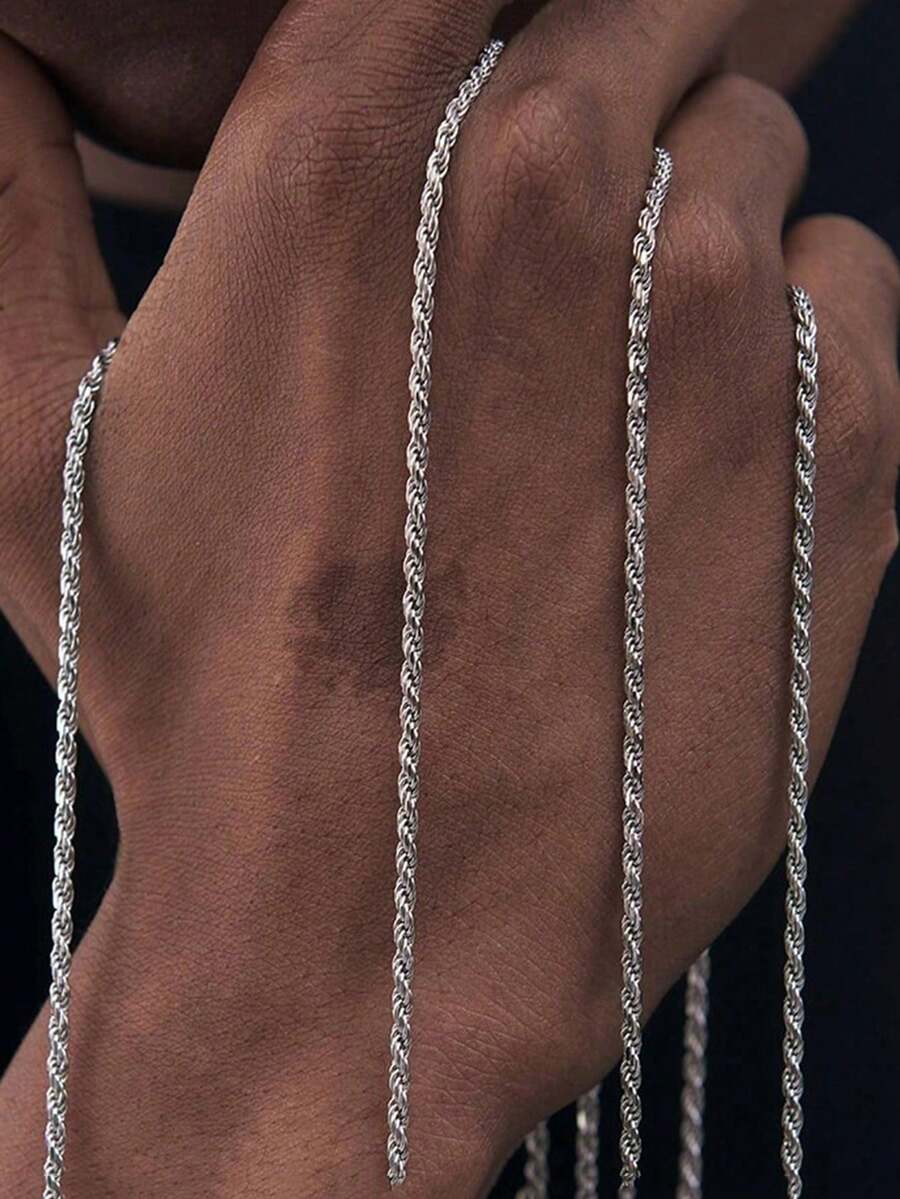 1pc Minimalist Stainless Steel Twisted Chain Necklace, Unique Design Suitable For Men's Daily Wear - Silver - View 1