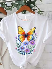 Women's Classic Plus-Size T-Shirt, Colorful Butterfly And Flower Print Tee, Casual Summer Top For Women, Nature-Inspired Design Print Tee, Short-Sleeved Crew Neck Top, Suitable For Summer/Autumn Wear, The Best Gift For Thanksgiving, Christmas, And New Year's. A Hit! - 白色 - 查看 7