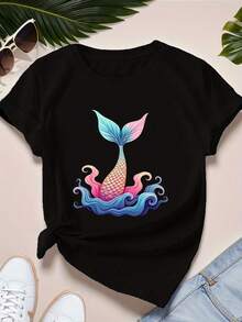 Cola de sirena vibrante Camiseta de manga corta para mujer talla plus - Negro - Ver 6