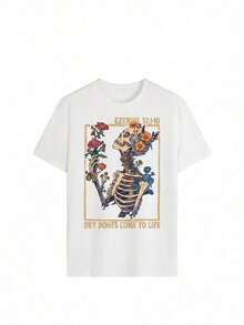 Edición Limitada: Camiseta Gráfica Dry Come To Life para Mujer, Camiseta Cristiana con Esqueleto Floral, Camiseta Casual de Manga Corta, Estilo Vintage Inspirado en la Fe, Corte Holgado, Cuello Redondo, Estilo Streetwear, Camiseta Cómoda y Estética para Uso Diario, Iglesia, Salidas Casuales, Regalo para Creyentes Cristianos. Algodón Ligero. - Blanco - Ver 4