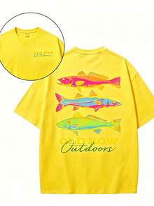 Men's Casual Summer Washed Cotton T-Shirt Old Row Outdoor Fish Print, Round Neck Short Sleeve Lightweight Knitted Fabric, Rib Details 100% Cotton - 純棉黃色 - 查看 14