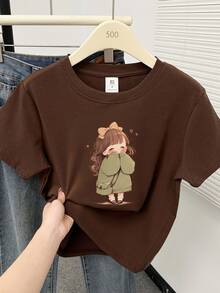 Camiseta de Manga Corta con Estampado de Anime para Mujeres y Niñas - Estilo Coreano, Cuello Redondo, Top Casual de Verano para Conjuntos (Lavable a Máquina) - [Blanco] - Ver 7