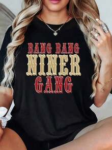 Camisetas Casuales Premium Unisex Bonitas, 1 Pieza, Camiseta Casual de Algodón 100% para Mujer Bang Bang Niner Gang, Camiseta con Estampado Digital Estilo Vintage de 220g, Top de Verano de Manga Corta y Corte Holgado - Negro - Ver 6