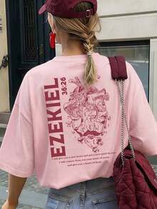 Women's Loose Fit Christian Faith T-Shirt, Comfortable And Elastic With Round Neck, Printed With "Ezekiel 36:26", Anatomical Heart And Bible Verse, Viral Religious Urban Clothing Of INS Aesthetic, Suitable For Church, Bible Study, Youth Group And Daily Devotion In Summer. - 粉色 - 查看 6