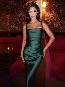 Vestidos elegantes Glamrae - Vestido de satén elegante con cintura ajustada y cordones, vestido largo para fiesta de Halloween, vestido formal de cóctel para banquete, vestido de fiesta de Navidad, vestido de boda de San Valentín, Vestidos Elitara - Verde oscuro - Ver 7