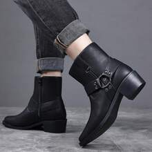 Men's Western Faux Leather Ankle Boots, Square Toe Metal Studded Harness Booties With Side Zipper Block Heel, Non-Slip Comfort Casual Cowboy Footwear - màu đen - Xem 9