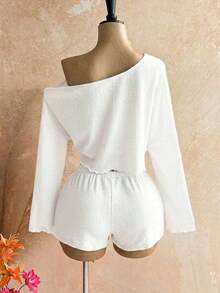 Casual 2-Piece Set Consisting Of A Cropped Top With An Irregular Neckline And Lettuce Hem, And Shorts, In A Solid Color, For Vacation, Spring/Summer - Blanco - View 8