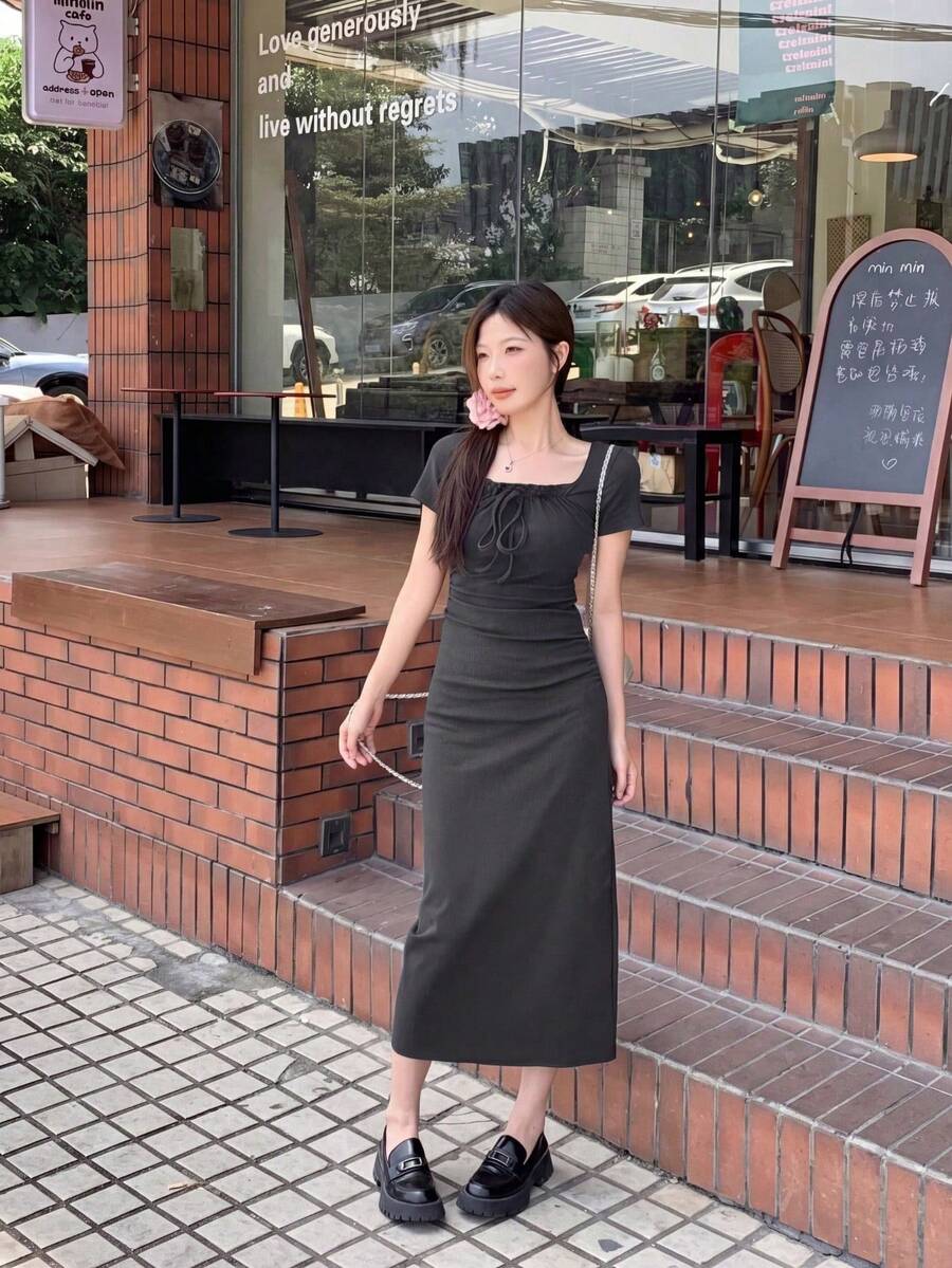 Y6Y 法国蓝女士春夏性感修身中长款方领连衣裙，优雅 - 深灰色 - 查看 1