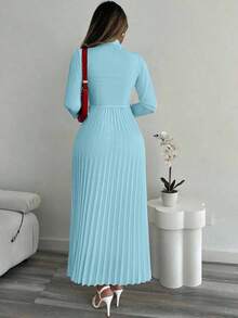 Vestido elegante de oficina para mujer con cintura ceñida, estilo de camisa con botones, adecuado para bodas y eventos, otoño/invierno - Caqui - Ver 8
