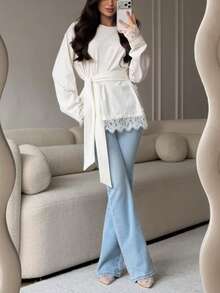 New Women's Solid Color Lace Patchwork Long Sleeve Top, Summer New Arrival, Daily Commute, Holiday, Elegant And Graceful White - White - View 3