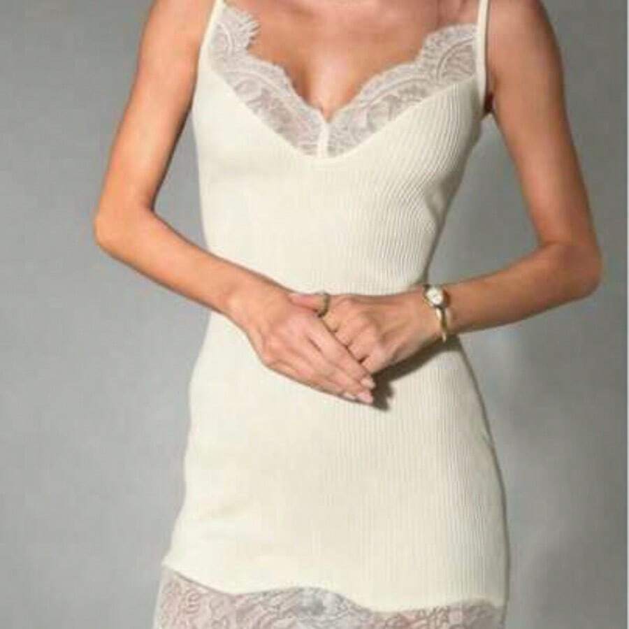 Women's Elegant Black Mini Lace Splice Collar Fitted Short Camisole Dress, Suitable For Weddings, Dates And Special Occasions Party Summer - Blanco - Ver 1