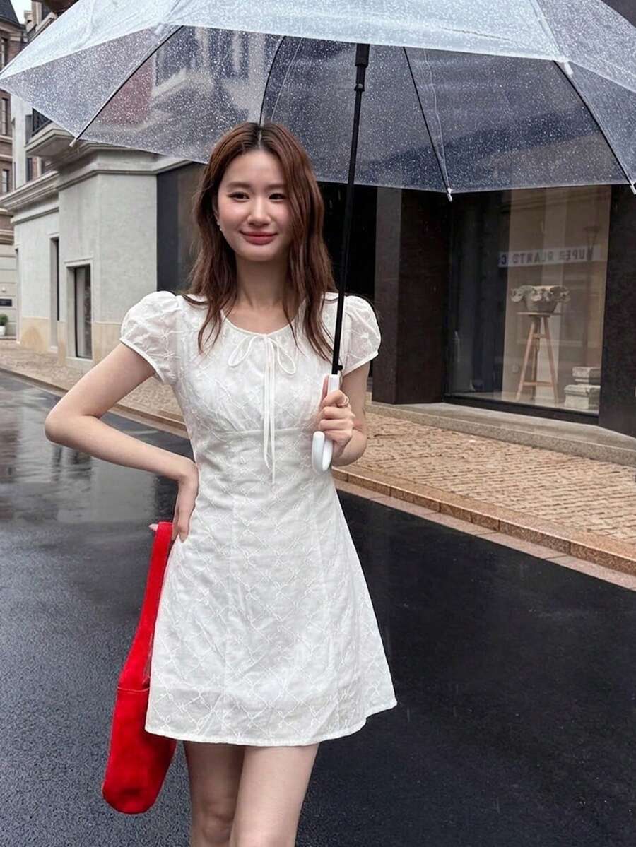 2025春夏蝴蝶结装饰女士休闲拉链后背短袖迷你连衣裙 白色 - 白色 - 查看 1