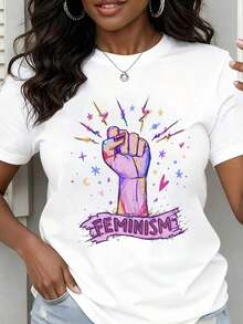 Camiseta de Cuello Redondo para Mujer con Estampado de Puño de Feminismo, Rayo y Estrellas, Manga Corta, Ropa Casual para Uso Diario y Eventos de Activismo - Blanco - Ver 7