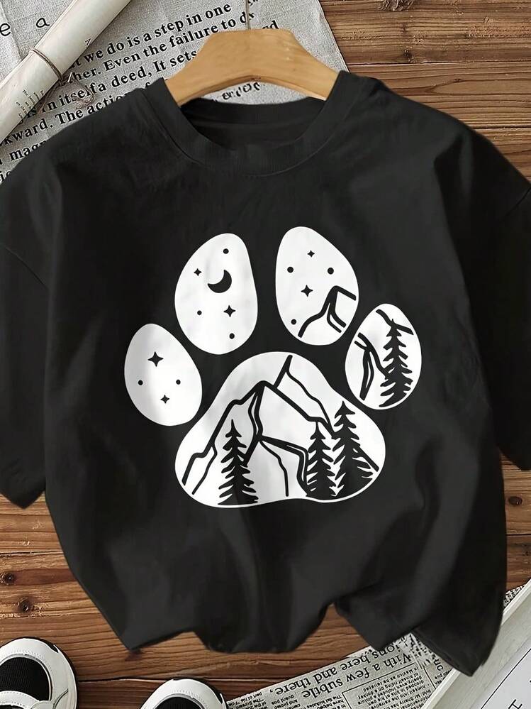 Camiseta Casual de Manga Corta para Mujer - Estampado Gráfico de Paisaje Montañoso Verde Oliva con Diseño de Pata y Ave, Cómoda para Todas las Estaciones, Lavable a Máquina, Diseño Inspirado en la Naturaleza, Construcción Duradera, Top Impreso, Ideal para Amantes del Medio Ambiente - Negro - Añade 1