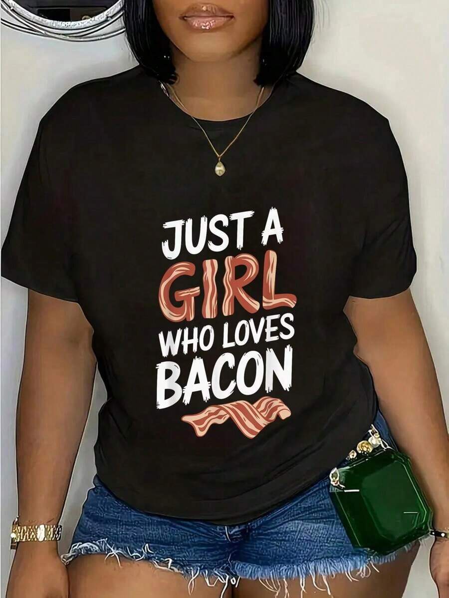 100% Algodón Solo Una Chica Que Ama El Bacon, El Barbacoa, La Gastronomía, La Carnivora, Camiseta - Negro - Ver 1