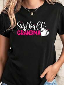 Plus Size - Women's Granny Print Jogging Top - Black With Pink Letters And Stars, Casual Short Sleeve Crew Neck Top, Breathable Medium Stretch Fabric, Suitable For Spring And Summer, Machine Washable Summer Top. | Leisure | Women's Stretch Fabric Blouses, Women's Summer Graphic Tees, Women's Casual Printed Shirt, Short Sleeve Crew Neck, Spring/Summer Local Streetwear. - 黑色 - 查看 6