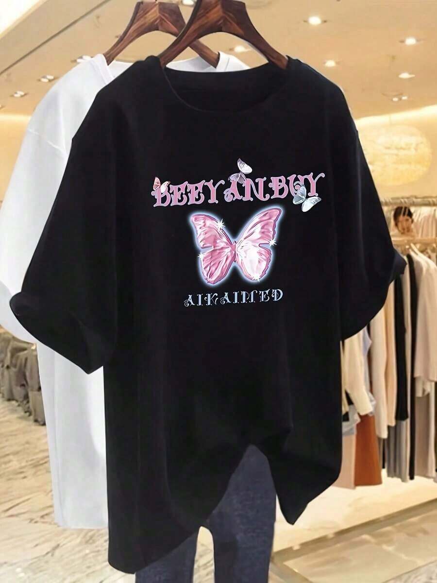 Camiseta de manga corta para mujer, 100% algodón puro de primera calidad, sin formación de bolitas, con estampado retro de mariposas, estilo coreano holgado, diseño de nicho. Tops para mujer, tops de verano para mujer, tops de algodón para mujer, tops de primavera ecológicos. - Negro - Ver 1