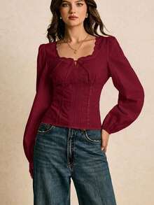 Blusa elegante de mujer con cuello cuadrado, manga farol retorcida y ajustada, adecuada para el trabajo y el transporte, primavera/otoño - Burdeos - Ver 4