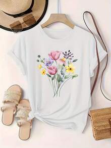 Camiseta de Manga Corta con Cuello Redondo y Estampado Floral, Moda Europea y Americana, S para Mujer - Blanco - Ver 2