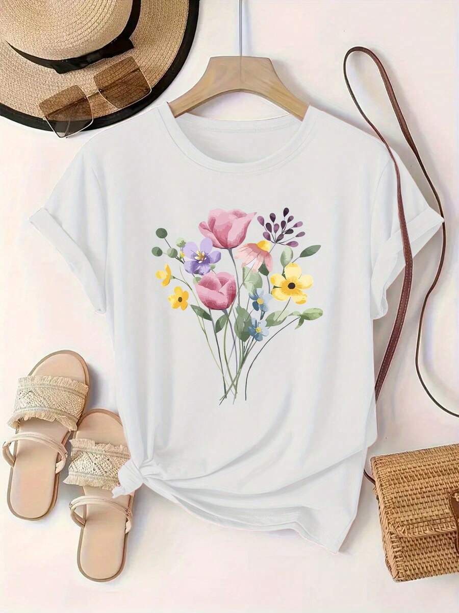 Camiseta de Manga Corta con Cuello Redondo y Estampado Floral, Moda Europea y Americana, S para Mujer