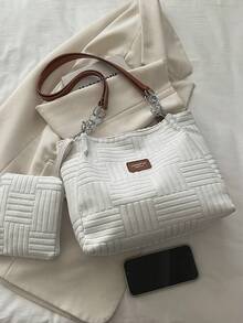 Fashionable Striped Handbag - Women's Large Capacity Shoulder Bag - Zipper Tote Bag For Daily Use With Metal Chain - White - View 3