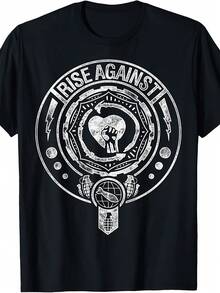 Camiseta con Estampado Rise Against para Hombre - 100% Algodón, 180g, Diseño Vintage "Bombs Away", Manga Corta, Cuello Redondo - Mercancía Oficial, Negra con Estampado Blanco - Negro - Ver 1