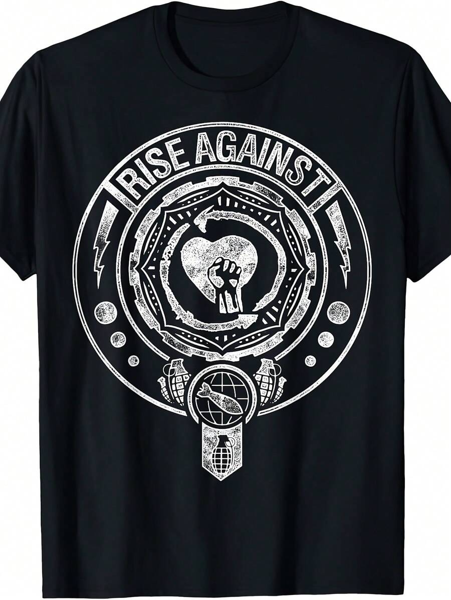 Camiseta con Estampado Rise Against para Hombre - 100% Algodón, 180g, Diseño Vintage "Bombs Away", Manga Corta, Cuello Redondo - Mercancía Oficial, Negra con Estampado Blanco - Negro - Ver 1