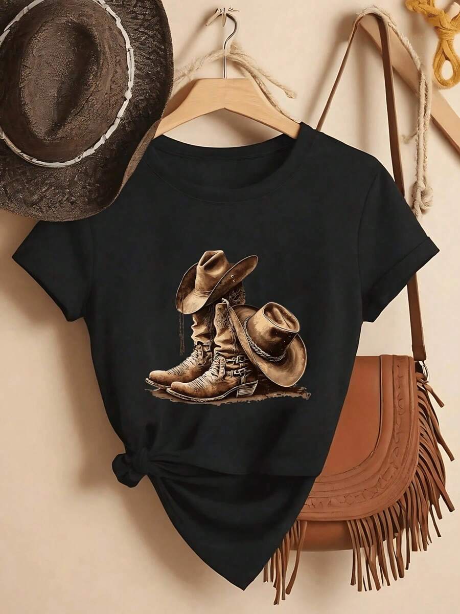 Solt Playera de mujer de algodón puro estampada con botas y sombrero estilo vaquero vintage, suave, cómoda, casual para verano, diseño gráfico artístico elegante graphic - Negro - Ver 1