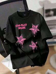 Top mujer1pc Casual Algodón Camiseta para mujer Deportivo Apto para llevar en primavera, verano, otoño e invierno.Camiseta de algodón con estampado Star-Filled Dreams de moda para mujerTendencia 2026 - Negro - Ver 8