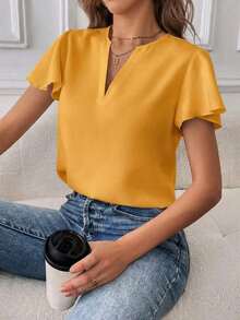 Camisa de mujer de unicolor con escote en V entallado y manga corta, informal y adecuada para el trabajo, blusas de manga corta - Amarillo - Ver 3