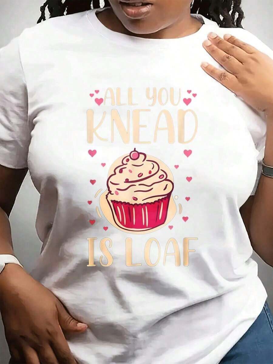 New Women's Casual Summer T-Shirt, Short Sleeve And Round Neck, Fashionable | Unisex Loose Cotton Short Sleeve T-Shirt With Round Neck, Urban Vintage Style, Cupcake Print And Pastry Theme, Cute Style, Perfect For Family And Friends. - 白色 - 查看 1