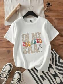 Women's Casual Short-Sleeve T-Shirt With Round Neck, "IN MY ENGAGED ERA" Letter Print, Color Block Design, Polyester Knit Fabric, All-Season Short-Sleeve Top, Casual Wear,  And Stylish Top. - 白色 2 - 查看 3