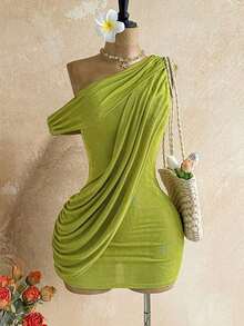 Vestido mini asimétrico con pliegues en el hombro para mujer, adecuado para vacaciones de primavera/verano - Verde - Ver 3