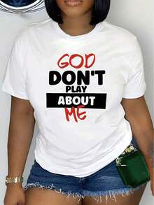 Camiseta Gráfica para Mujer "God Don't Play With Me" - Cuello Redondo Casual, Manga Corta, Cómoda para Primavera/Verano, Blanca con Estampado Rojo, Ligera, 100% Algodón - Blanco - Ver 1
